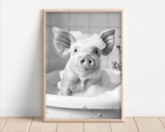 Pig Taking A Bath Poster Or Canvas Funny Bathroom Wall Art Animals In Bathtub Vintage Style Retro Photo Print Cute Decor