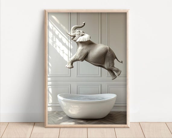 Elephant Jumping Into Bathtub Poster Or Canvas Funny Bathroom Wall Art Decor Animals Taking A Bath Cute Print Animal