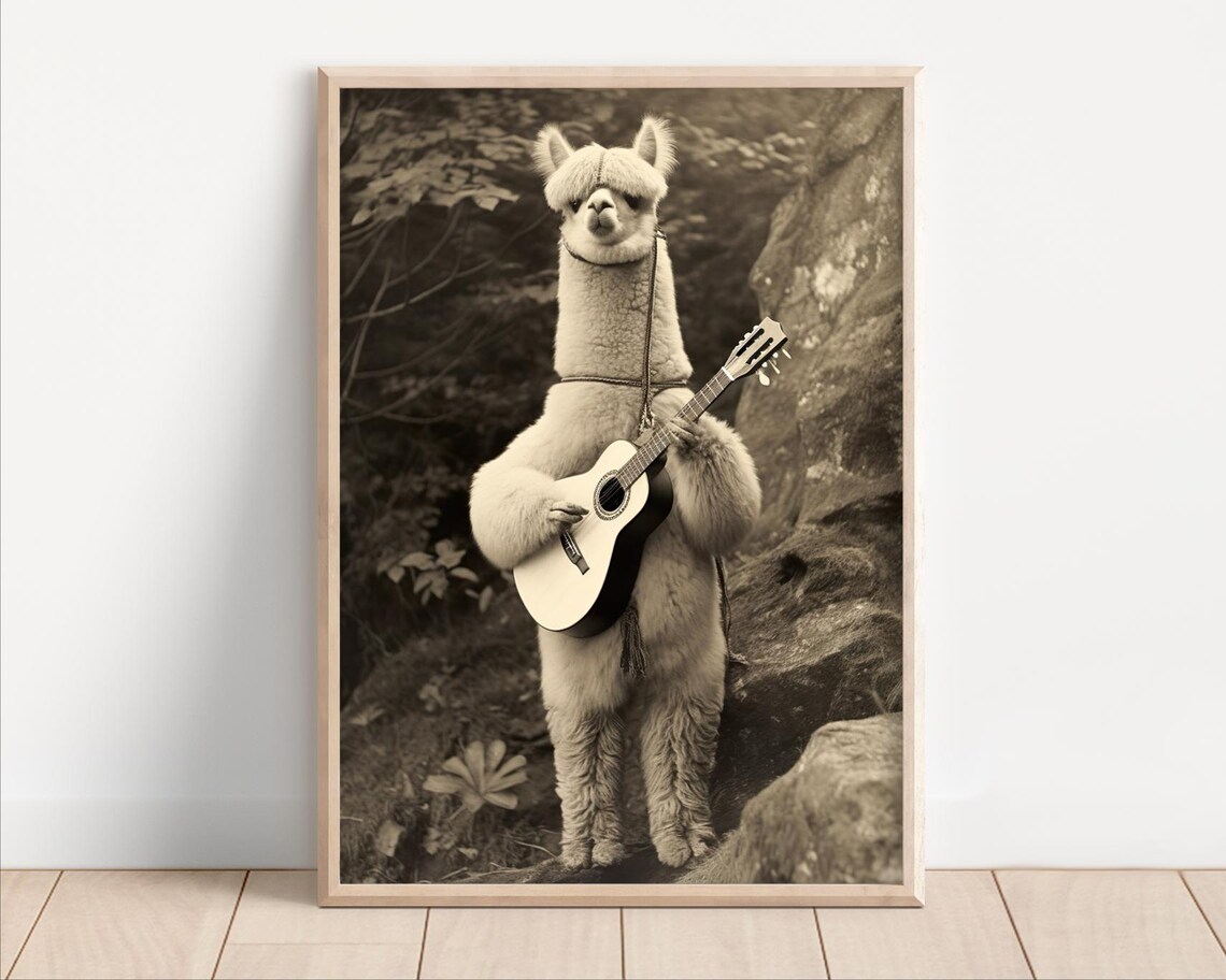 Alpaca Playing Acoustic Guitar Forest Sepia Funny Music Wall Art