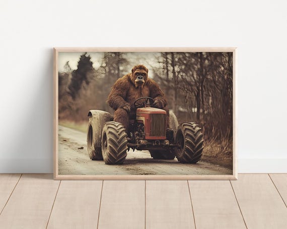 Sasquatch Driving A Tractor Poster Or Canvas Funny Farm Animal Wall Art Vintage Style Retro Bigfoot Kids Nursery Room Cute Farmhouse