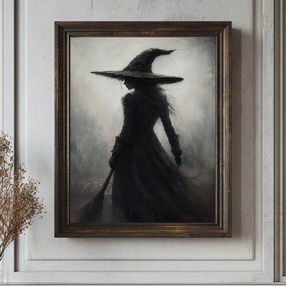 Witch in Black Silhouette With Broom Standing in the Mist Poster