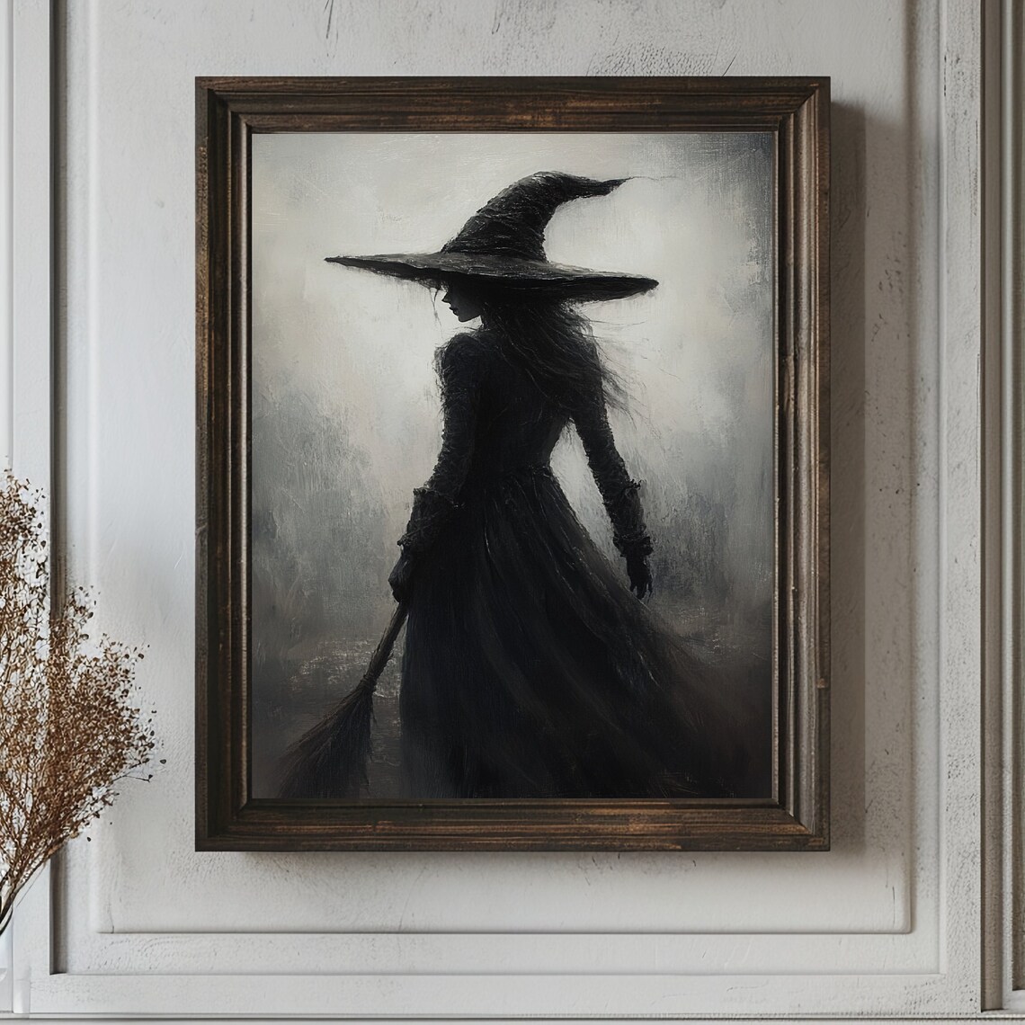 Witch in Black Silhouette With Broom Standing in the Mist Poster