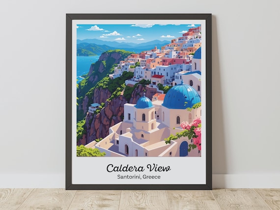 Santorini Greece Caldera View Blue Dome Vintage Travel Poster
