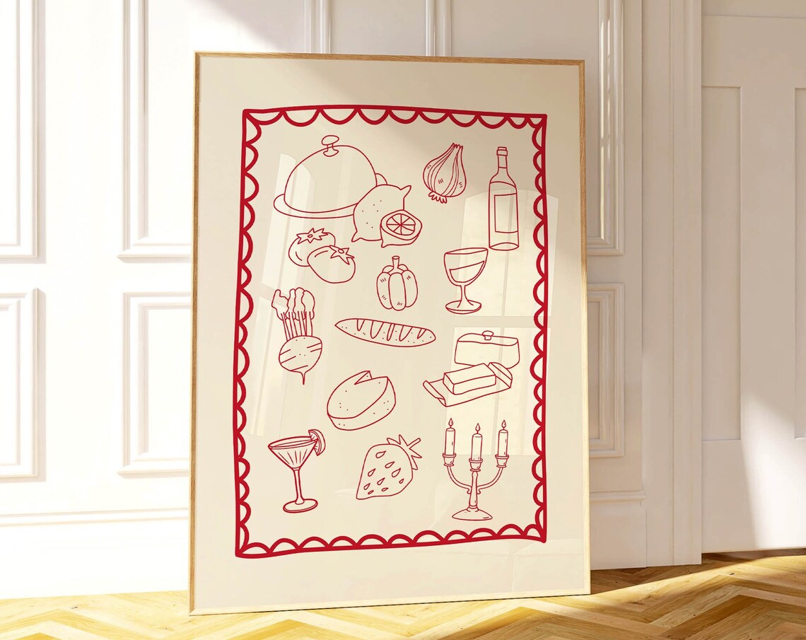 Dinner Party Red Line Art Food Collage Scalloped Kitchen Poster