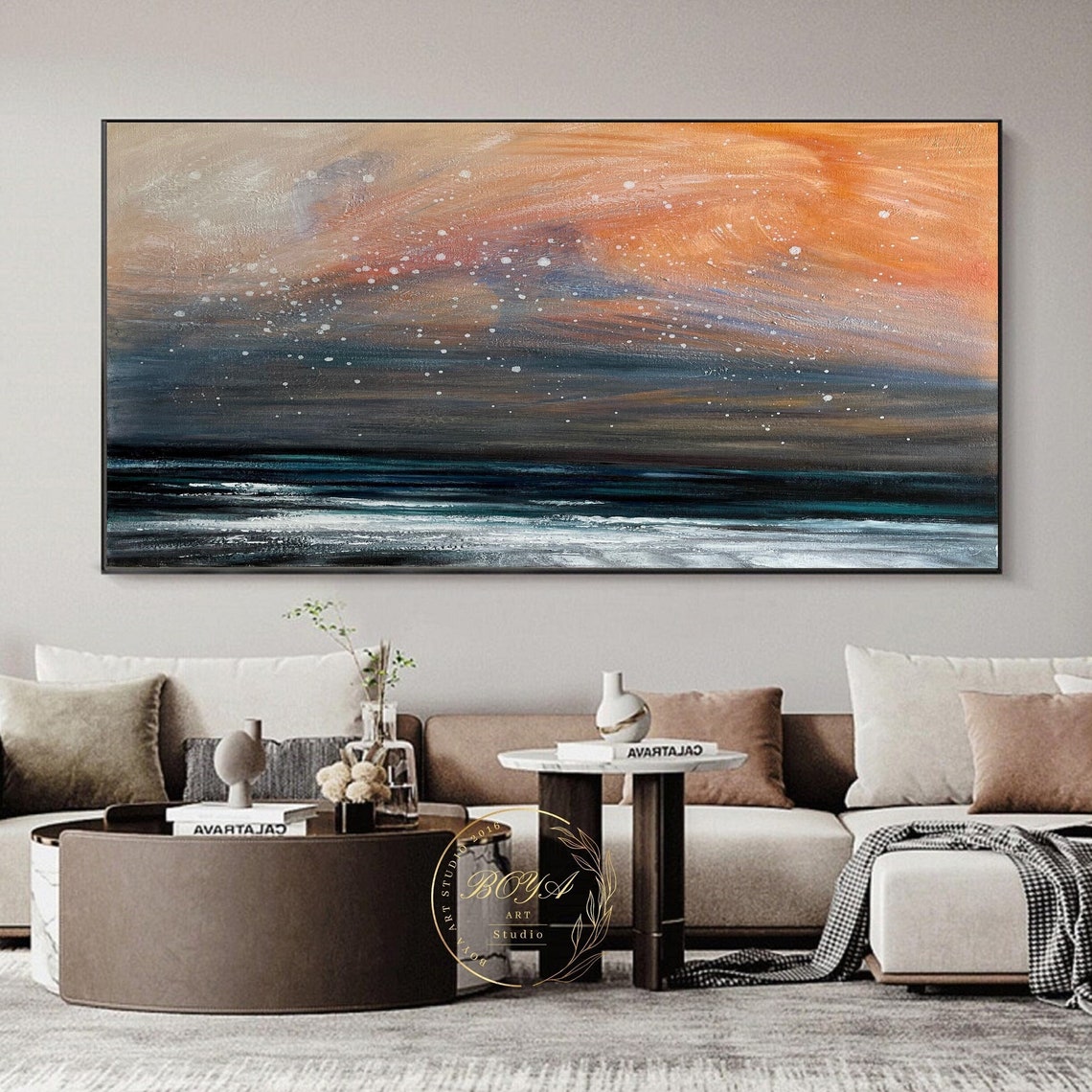 Fiery Dusk Sky Melting Over a Deep Teal Ocean Abstract Poster