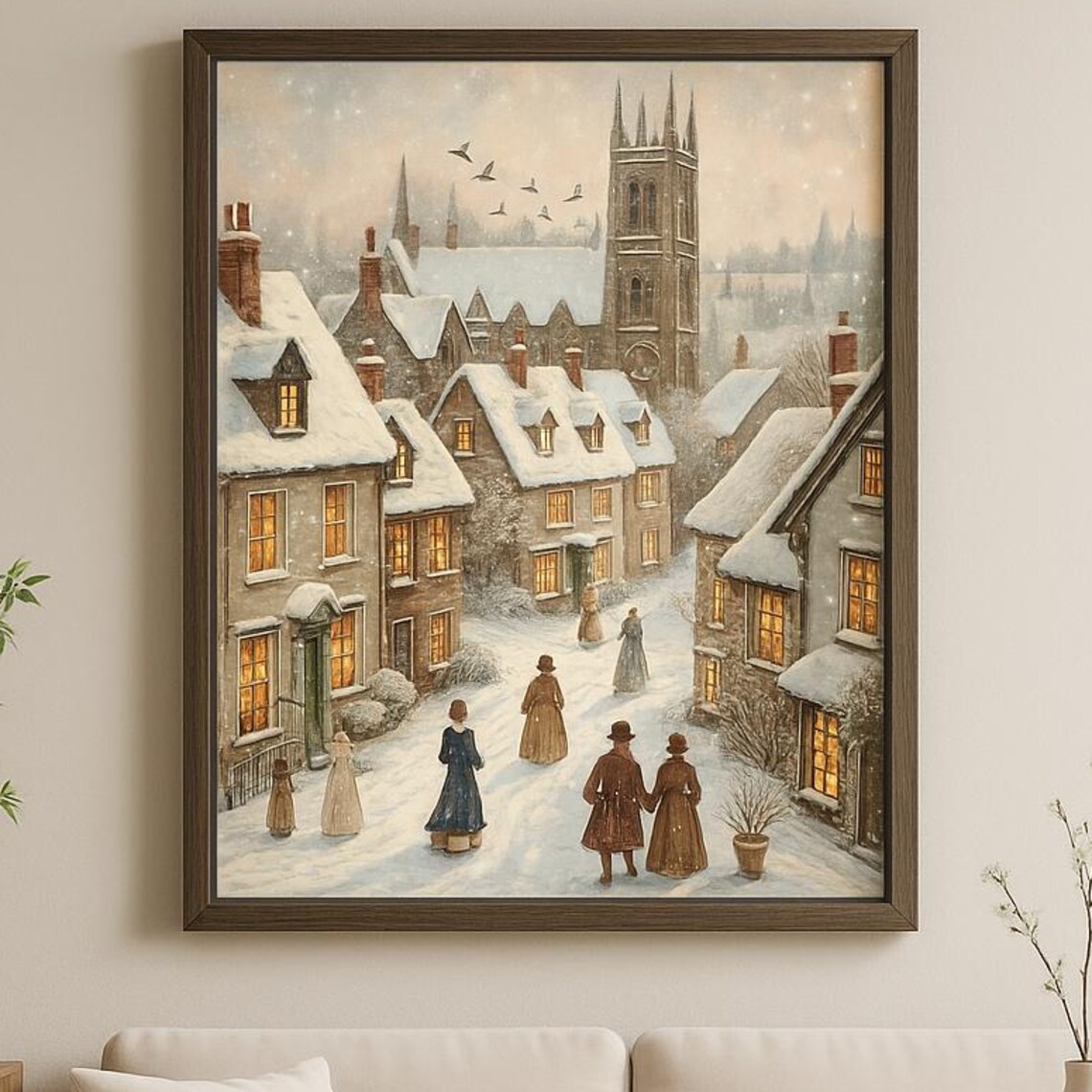 Snowy Victorian Village Poster Cozy Winter Street Church Scene
