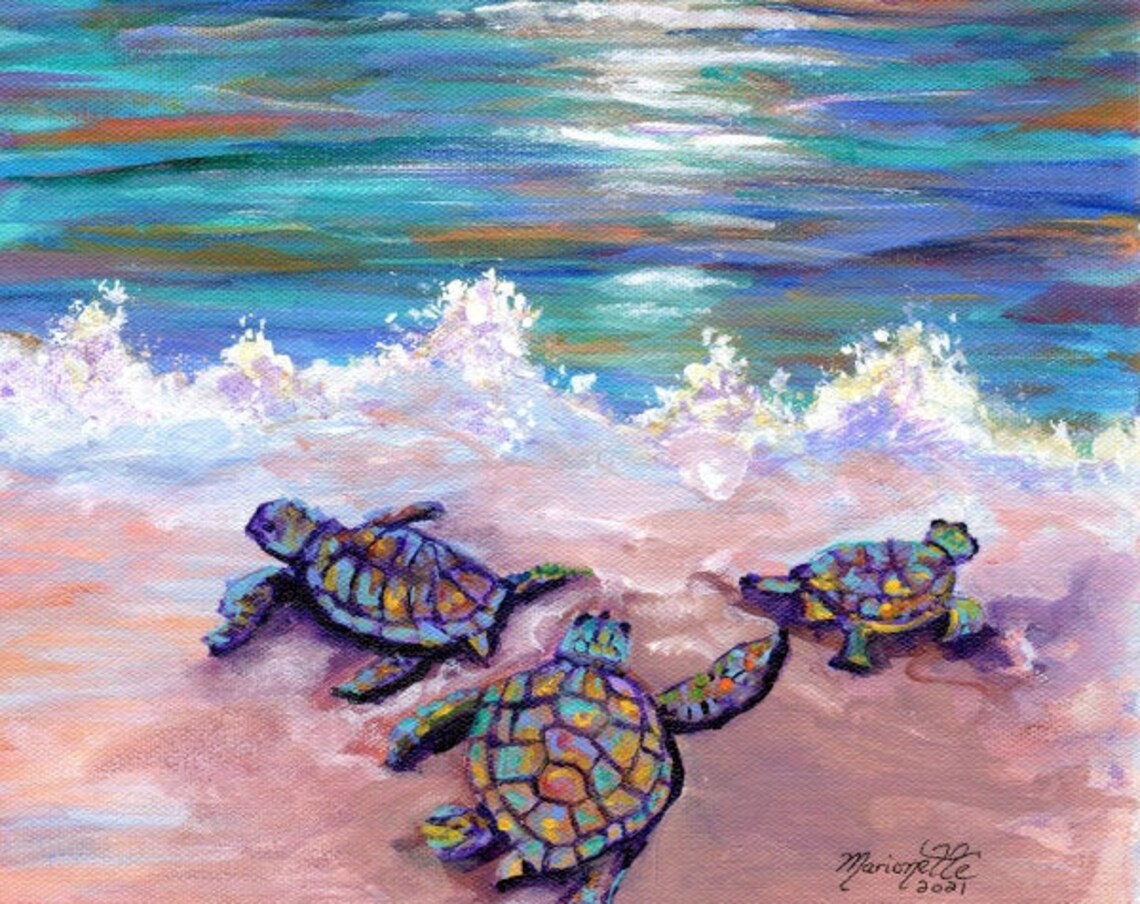 Baby Sea Turtles Honu Pink Sand Sunset Ocean Waves Art Print Hawaii