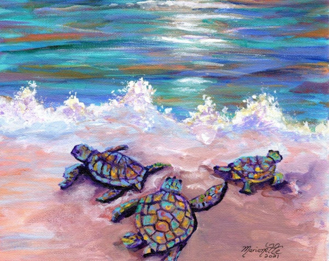 Baby Sea Turtles Kauai Painting Kauai Wall Art Kauai Decor Hawaiian Art Sunset Ocean Life Honu Baby Sea Turtle Print