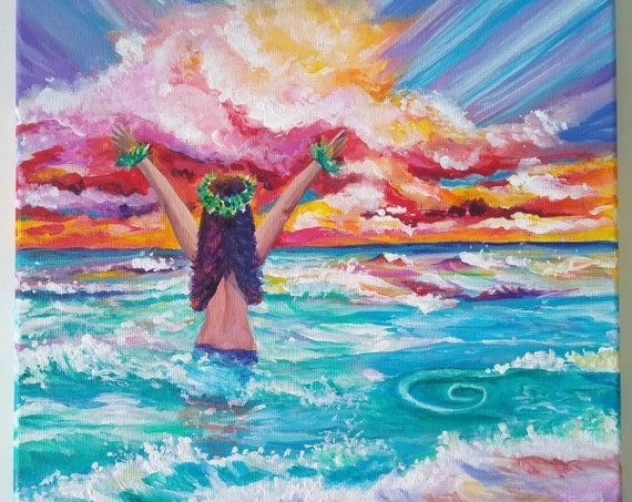 Kauai Woman In The Ocean Original Acrylic Painting Hawaiian Seascape At Sunrise