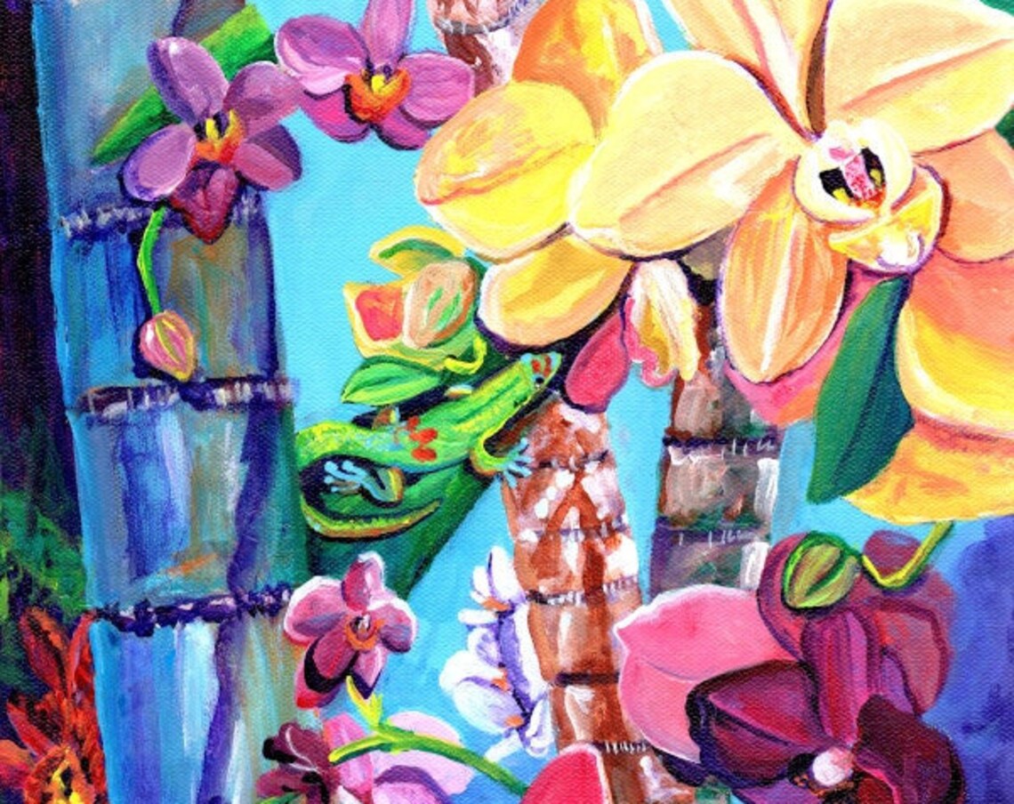 Orchids and Gold Dust Day Gecko Tropical Art Print