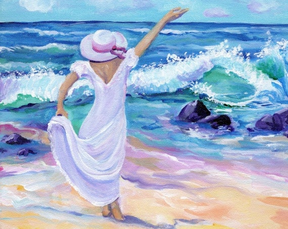 Joyful Woman at a Hawaiian Beach, Tropical Art Print
