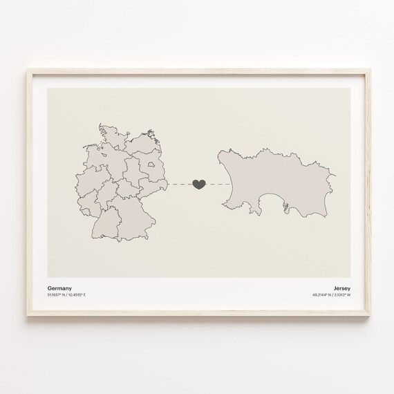 Germany to Jersey Minimalist Long Distance Heart Connection Map Poster