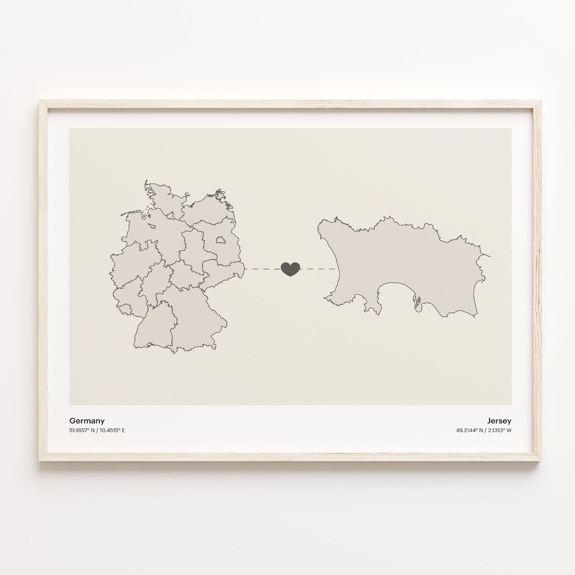 Germany to Jersey Minimalist Long Distance Heart Connection Map Poster