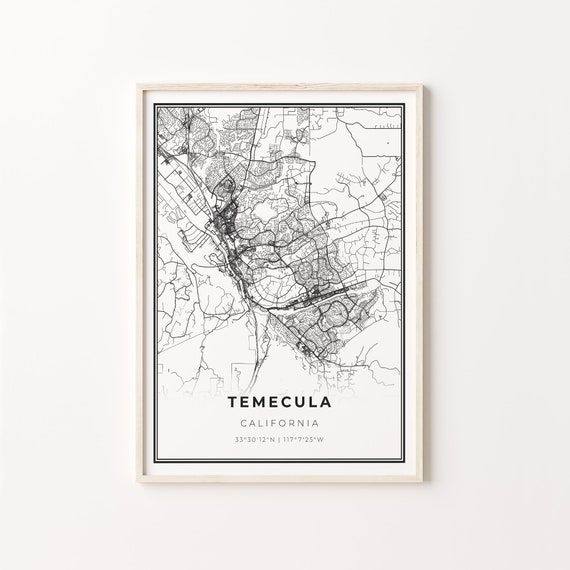 Temecula City Map Art Poster, Modern Black and White