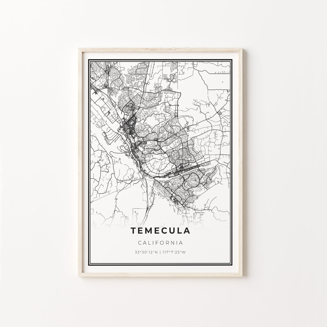 Temecula City Map Art Poster, Modern Black and White
