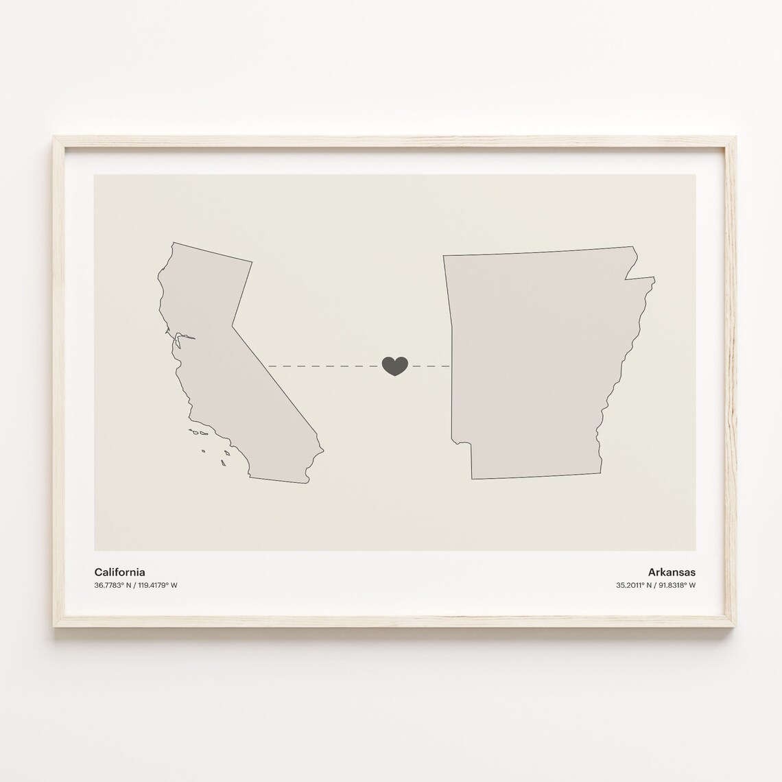 California To Arkansas Heart Connection Minimalist Map Poster