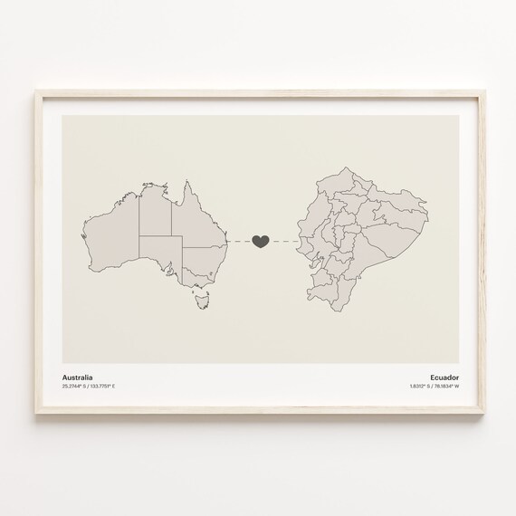 Australia and Ecuador Minimalist Long Distance Heart Map Connection Poster