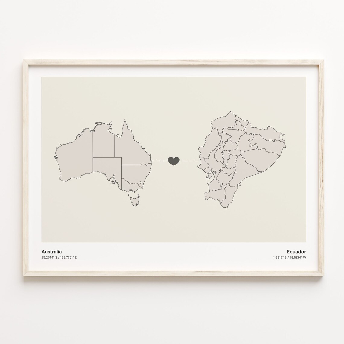 Australia and Ecuador Minimalist Long Distance Heart Map Connection Poster