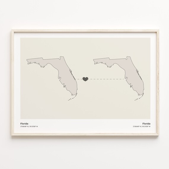 Florida Couple Both in Florida Long Distance Love Heart Map Poster
