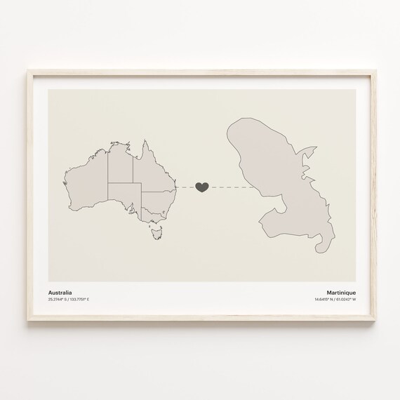 Australia and Martinique Long Distance Country Connection Map Poster