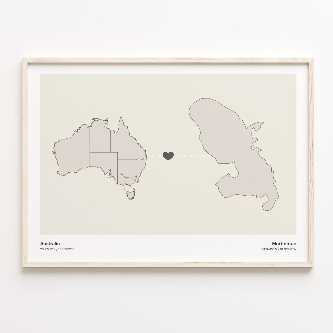 Australia and Martinique Long Distance Country Connection Map Poster