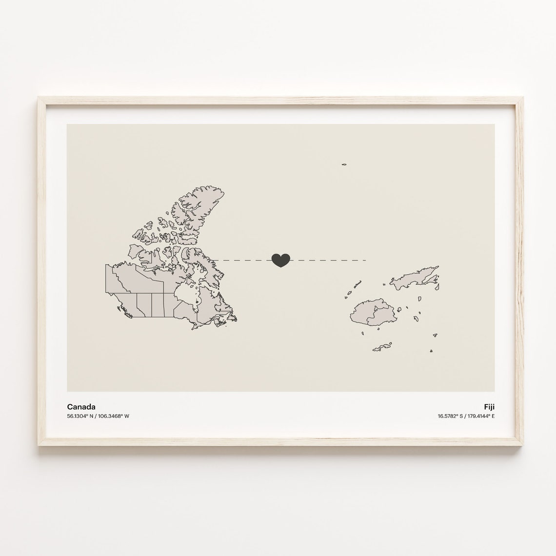 Canada To Fiji Heart Connection Minimalist Map Art Print Gift
