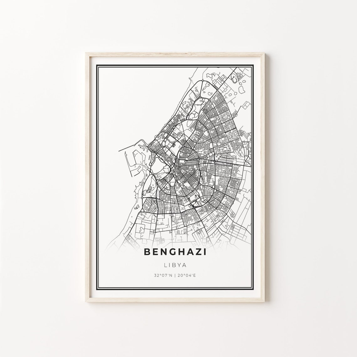 Benghazi Libya Black and White Street Map Minimalist Decor Poster