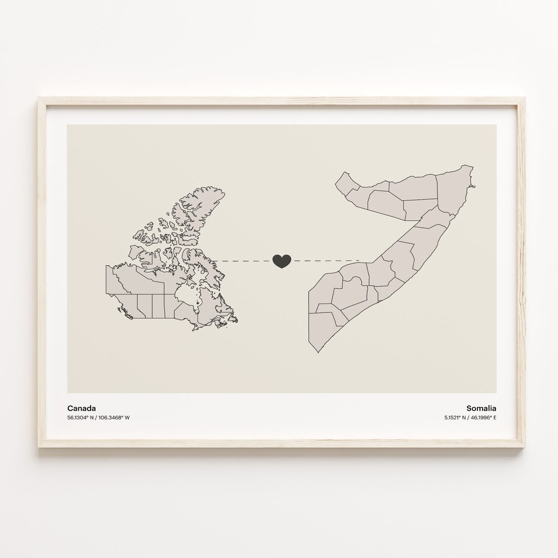 Canada To Somalia Long Distance Heart Map Couple Gift Poster
