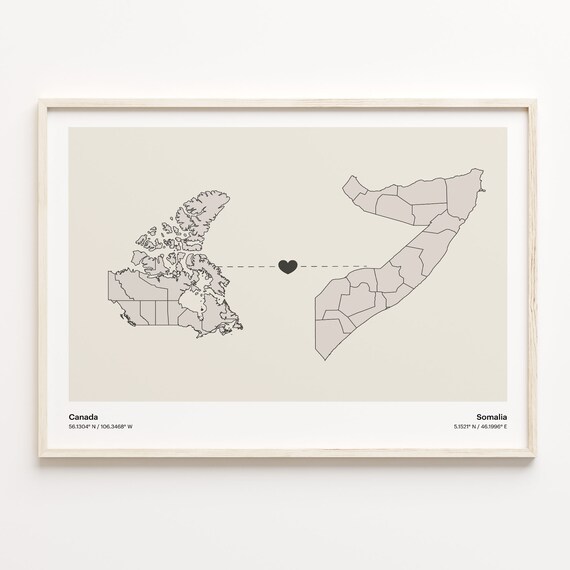 Canada To Somalia Long Distance Heart Map Couple Gift Poster