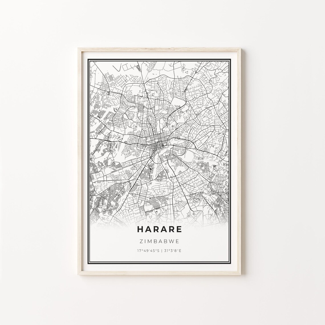 Harare Zimbabwe Black and White Minimalist City Street Map Poster