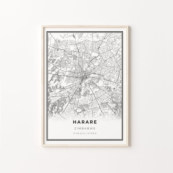Harare Zimbabwe Black and White Minimalist City Street Map Poster