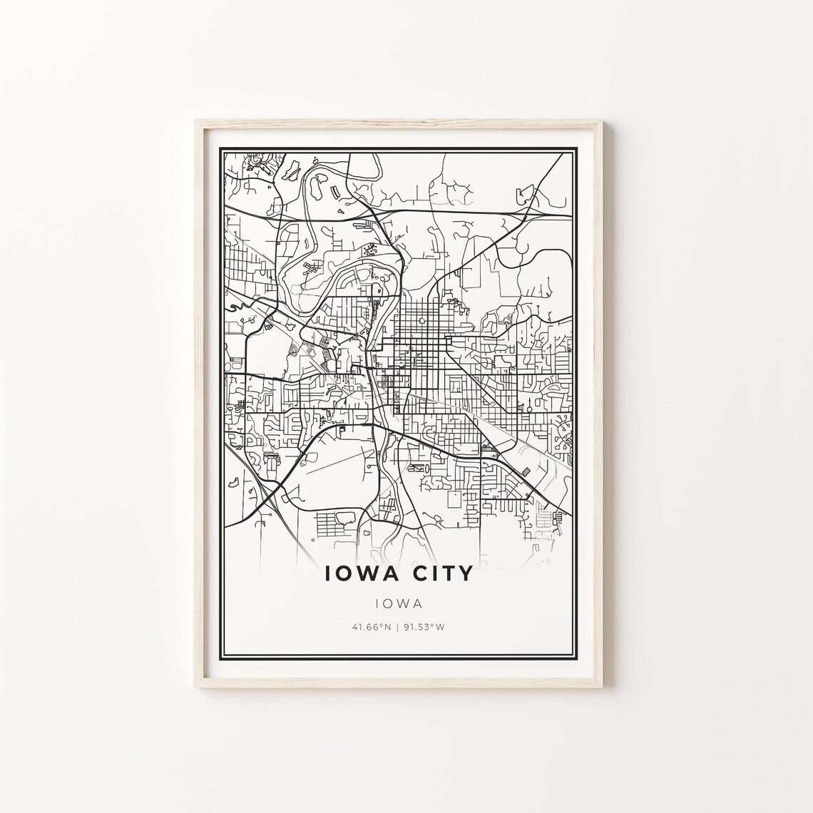Iowa City Iowa Modern Black And White City Map Street Art Poster