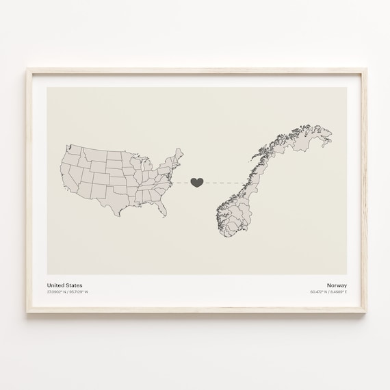 United States to Norway Heart Connection Minimalist Country Map Poster