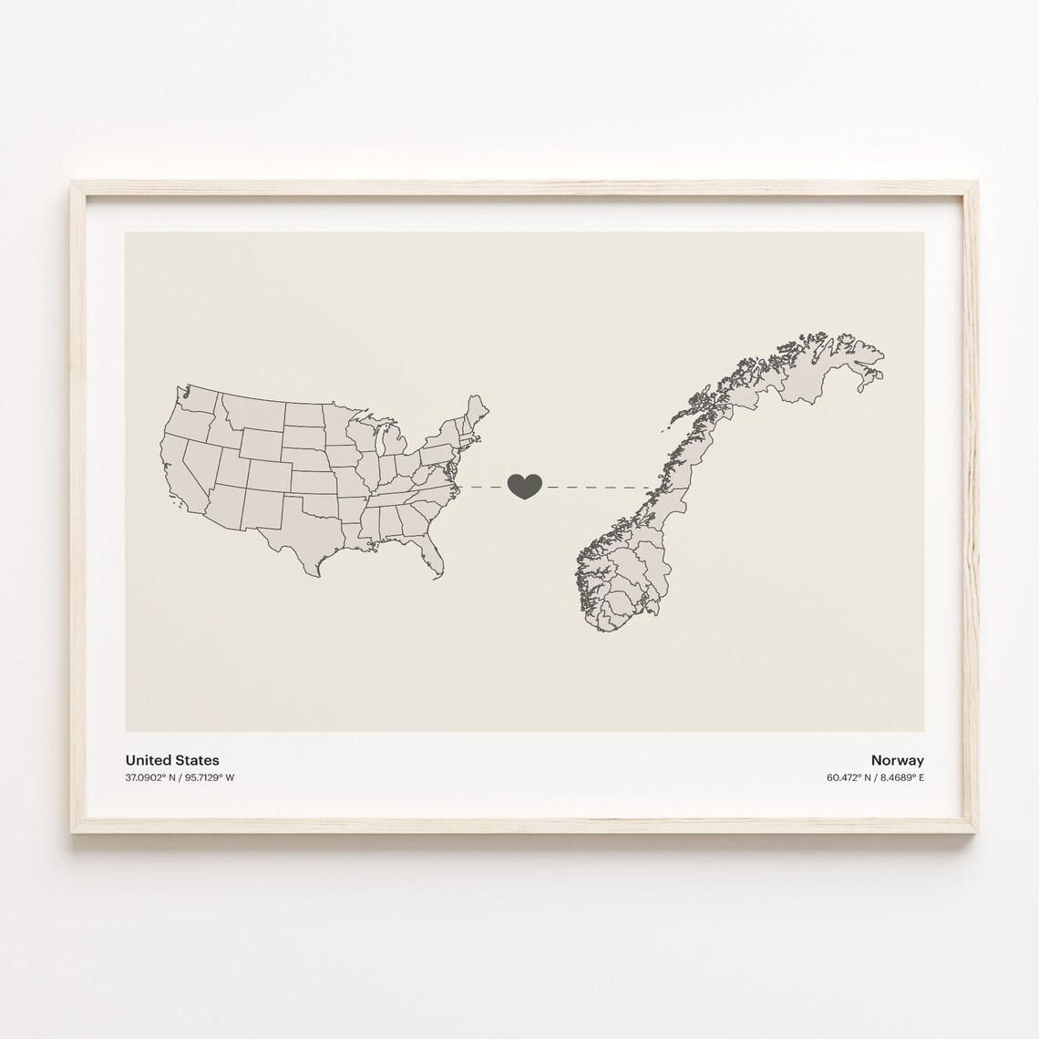 United States to Norway Heart Connection Minimalist Country Map Poster