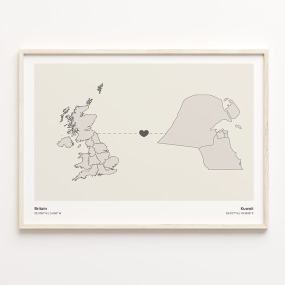 Britain To Kuwait Print Kuwaiti Gift Minimalistic Country Connection Map Poster United Kingdom Art Adventure Awaits C21297