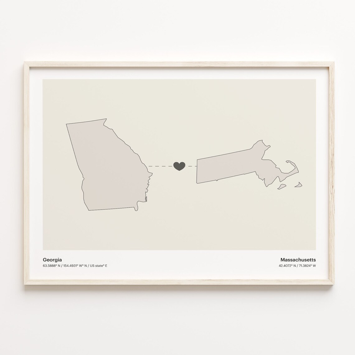 Georgia Massachusetts Long Distance Love Heart Minimalist Map Poster