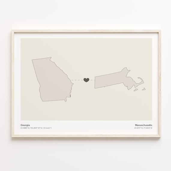 Georgia Massachusetts Long Distance Love Heart Minimalist Map Poster
