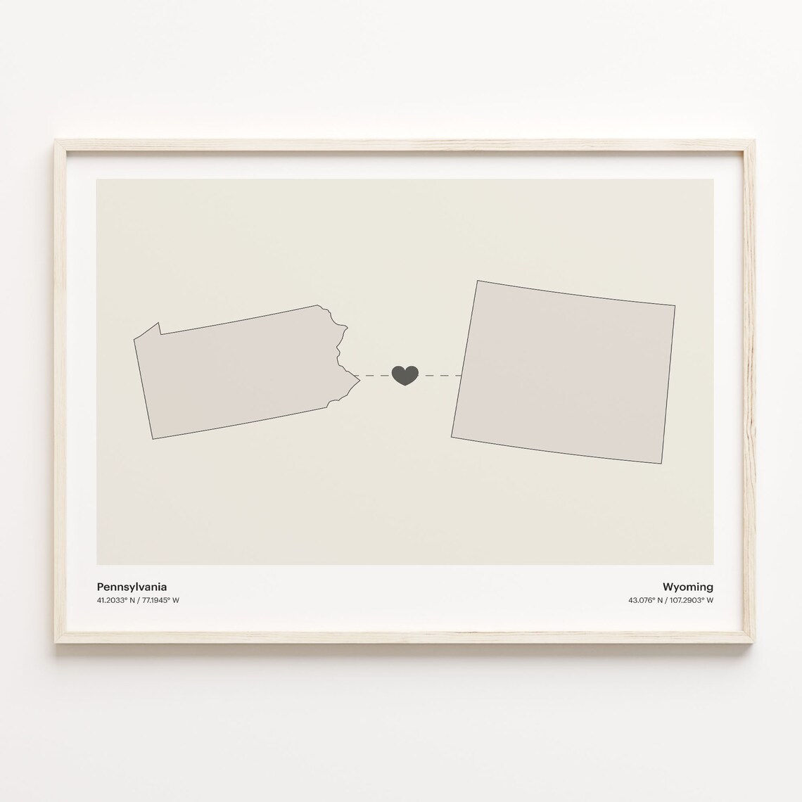 Pennsylvania to Wyoming Long Distance Love Heart Connection Map Poster