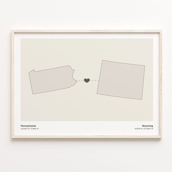 Pennsylvania to Wyoming Long Distance Love Heart Connection Map Poster