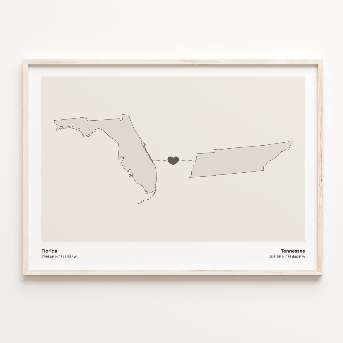 Florida Tennessee Beige Minimalist Heart Connection Map Poster