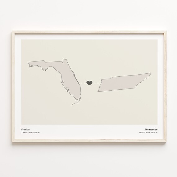 Florida Tennessee Beige Minimalist Heart Connection Map Poster