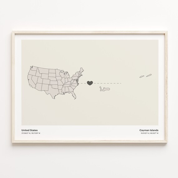 United States To Cayman Islands Minimalist Heart Map Connection Gift Poster