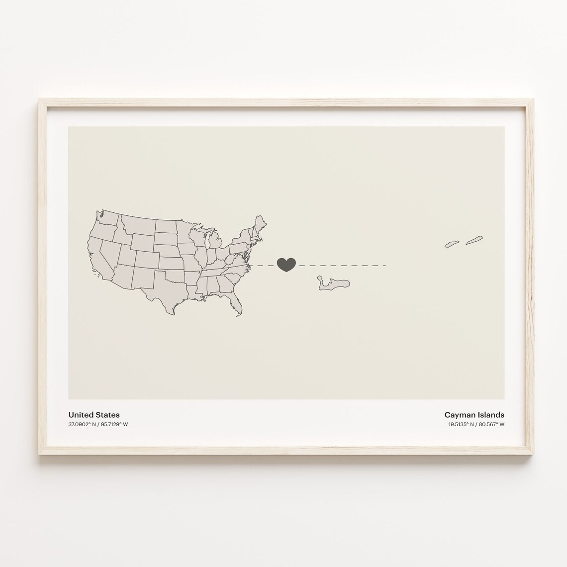 United States To Cayman Islands Minimalist Heart Map Connection Gift Poster