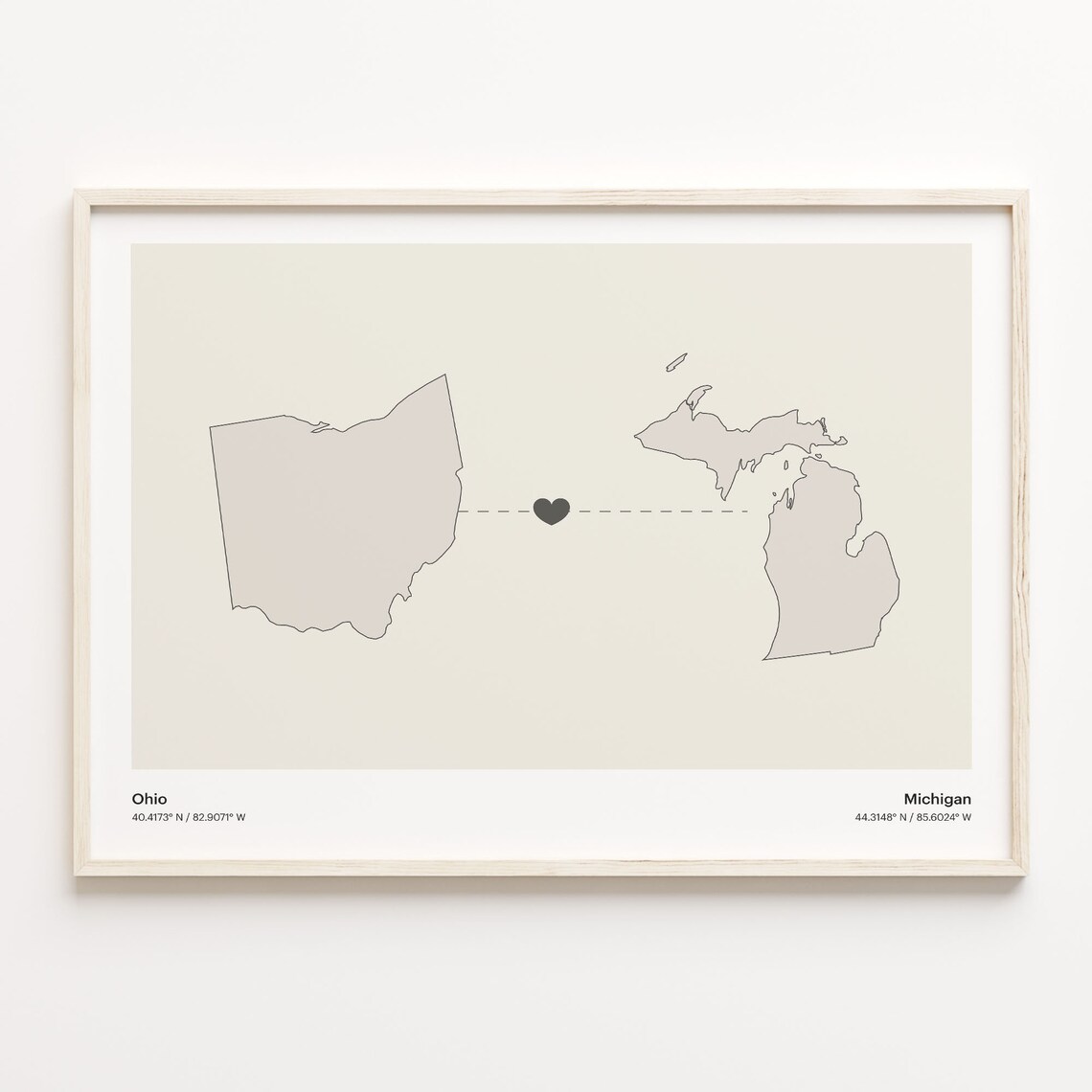 Ohio to Michigan Minimalist Long Distance Connection Map Poster