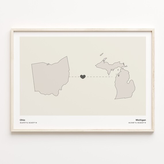 Ohio to Michigan Minimalist Long Distance Connection Map Poster