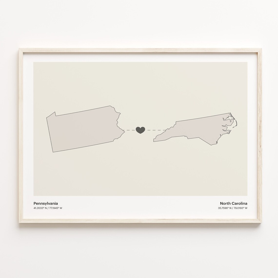 Pennsylvania to North Carolina Minimalist Heart Map Connection Poster