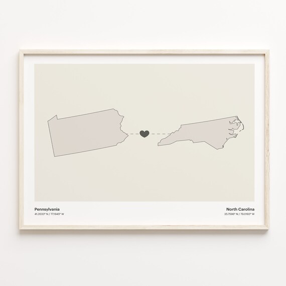 Pennsylvania to North Carolina Minimalist Heart Map Connection Poster