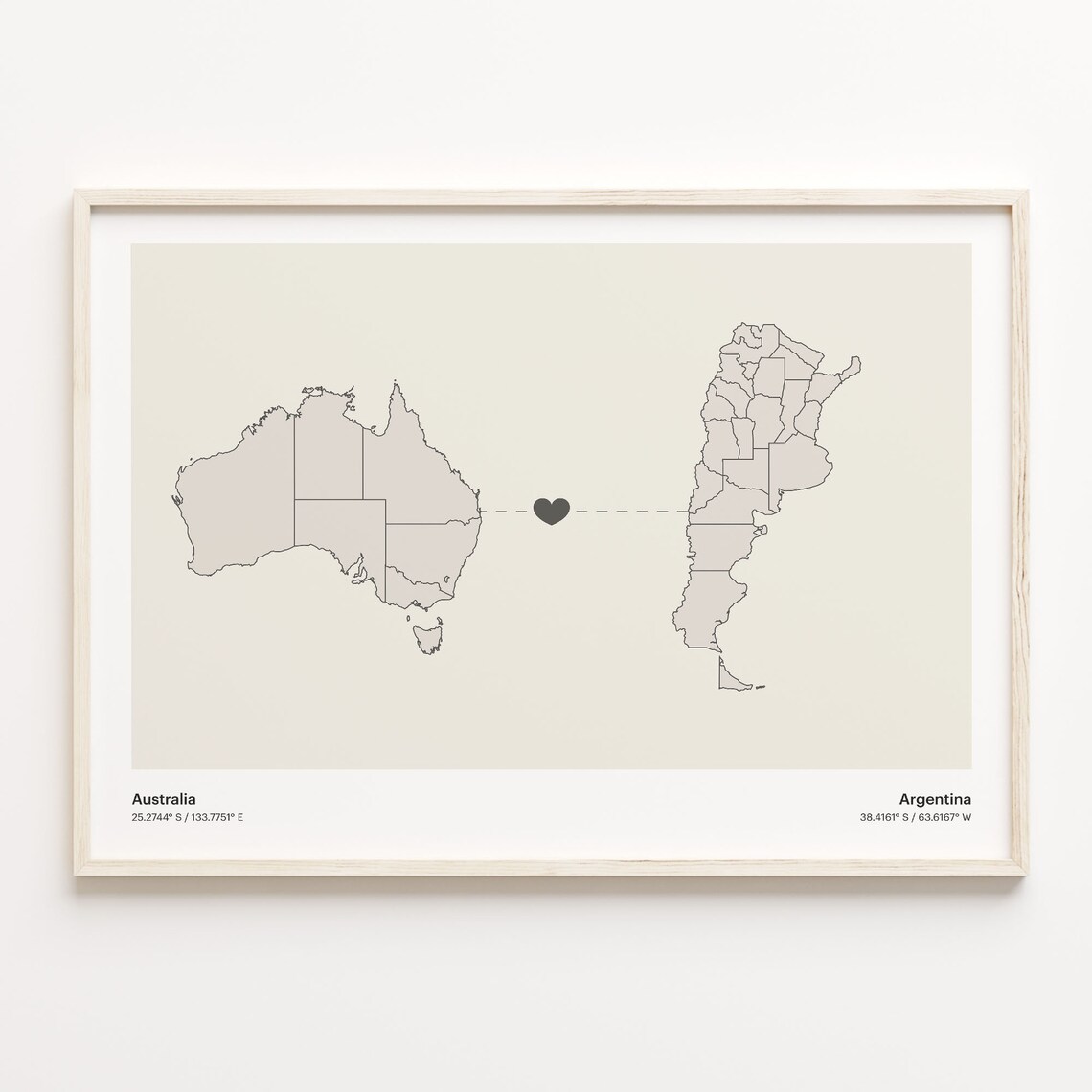 Australia To Argentina Minimalist Map Heart Connection Gift Poster