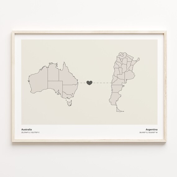 Australia To Argentina Minimalist Map Heart Connection Gift Poster