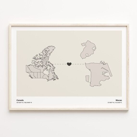 Canada To Macao Minimalist Love Connection Map Travel Poster